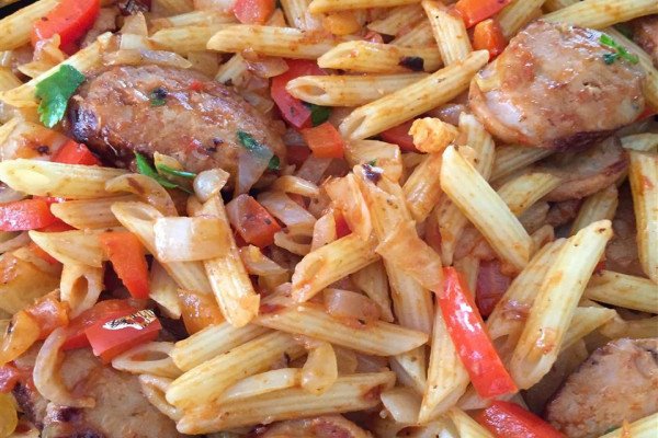 Penne, Peppers, and Chicken-Apple Sausage Saute