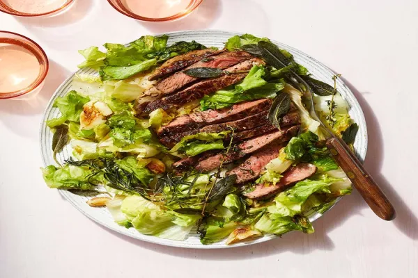 Pan Seared Steak with Crispy Herbs & Escarole