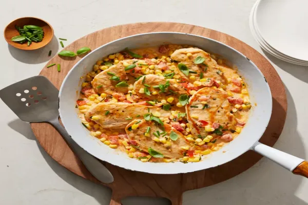 20 Minute Creamy Skillet Chicken with Corn Tomato & Basil