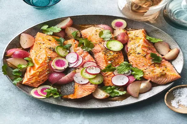 Oven Baked Salmon with Charred Onions & Old Bay Radishes
