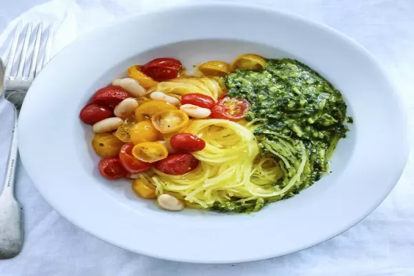 Spaghetti Squash with Roasted Tomatoes Beans & Almond Pesto