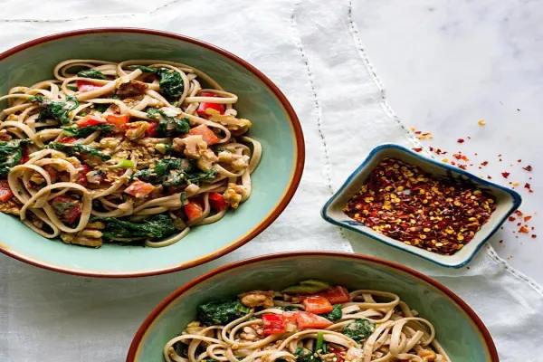 Dan Dan Noodles with Spinach & Walnuts
