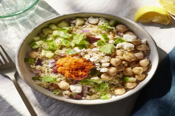 Chickpea & Quinoa Bowl with Roasted Red Pepper Sauce