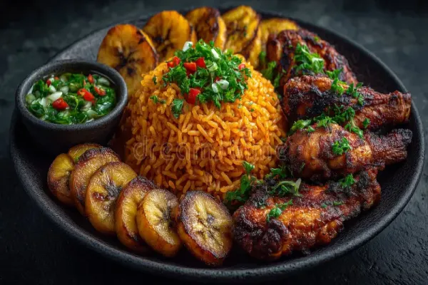 Nigerian Jollof Rice with Chicken and Fried Plantains