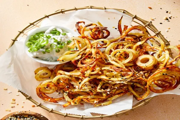 Air Fryer Everything Bagel Curly Fries with Scallion Yogurt Dip