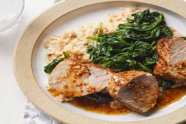 Honey Mustard Pork with Spinach & Smashed White Beans