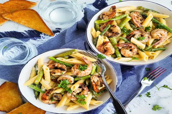 Garlicky Pasta with Grilled Shrimp & Asparagus