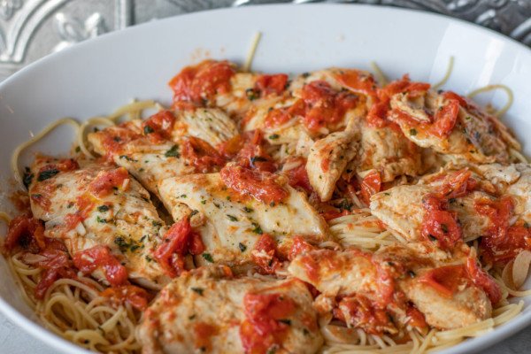 Basil Chicken over Angel Hair