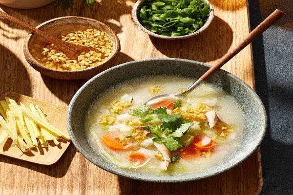 Aromatic Chicken & Rice Soup with Fried Garlic Oil
