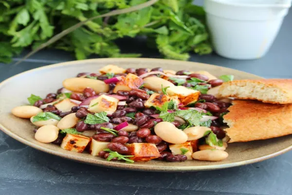 Halloumi Three Bean Salad with Pomegranate Harissa Vinaigrette