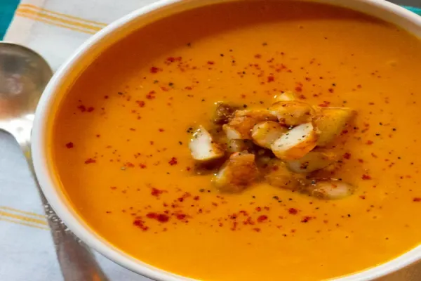 Pumpkin Bisque with Spicy Shrimp