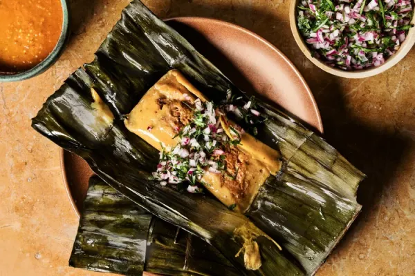Banana Leaf Wrapped Lamb Shank Tamales with Morita Chile Salsa