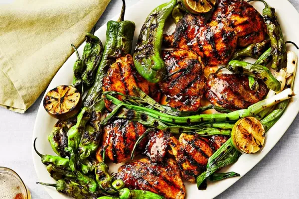 Pepper Jelly Glazed Chicken Thighs with Grilled Peppers