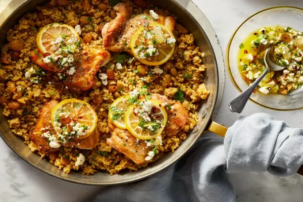 Chicken Freekeh Skillet with Warm Feta Lemon Relish