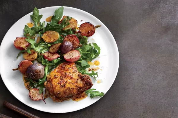Crispy Chicken Thighs with Spice Roasted Radishes