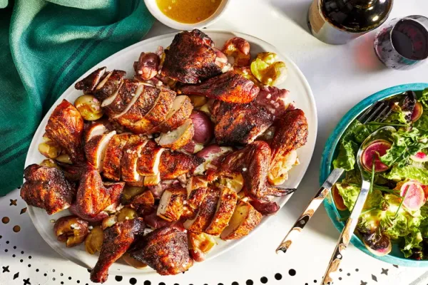 Grill Roasted Chicken with Crushed Fingerling Potatoes and Shallot Vinaigrette