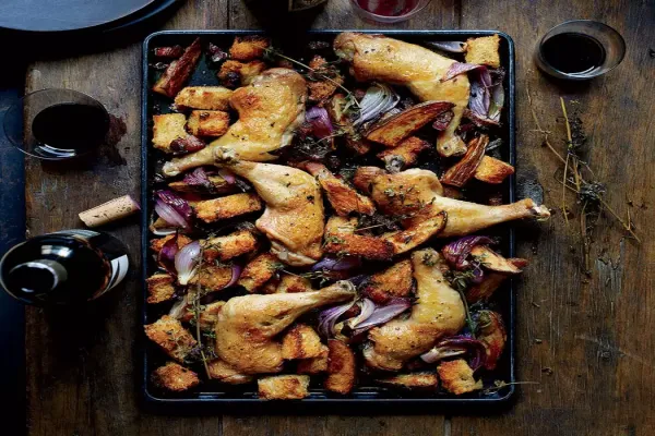 Sheet Pan Chicken with Sourdough and Bacon