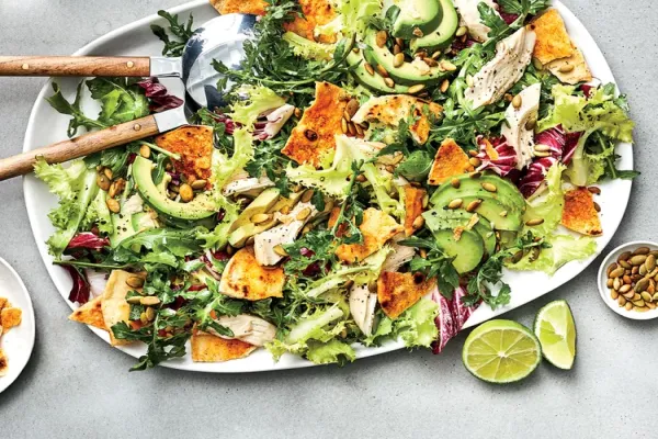 Peppery Greens Salad with Avocado Chicken and Tortilla Croutons