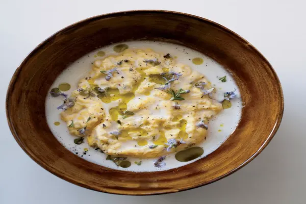 Poached Scrambled Eggs with Goat Cheese Sauce